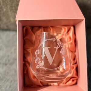 Etched Monogram Glass – Letter “V” in Gift Box